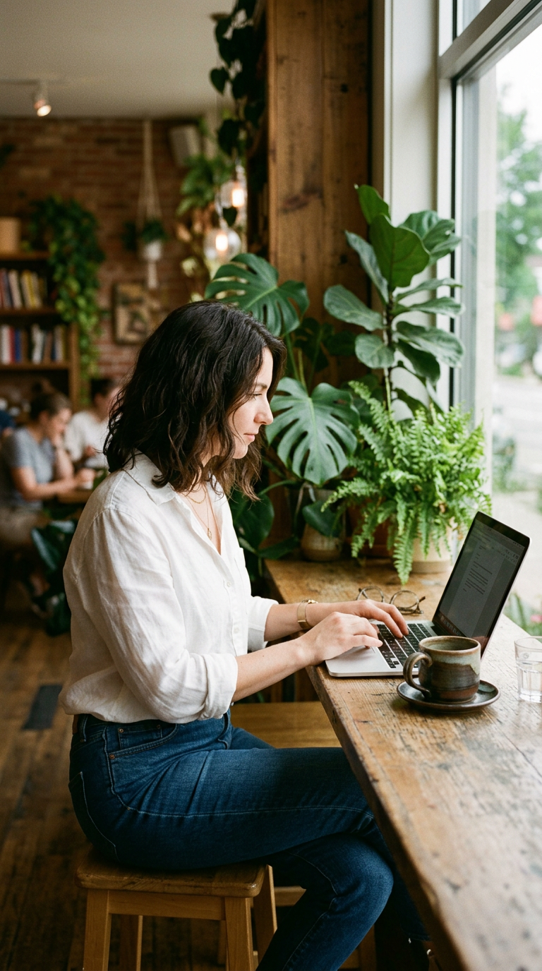 A woman in a white linen shirt working on a laptop at a window counter beside leafy plants