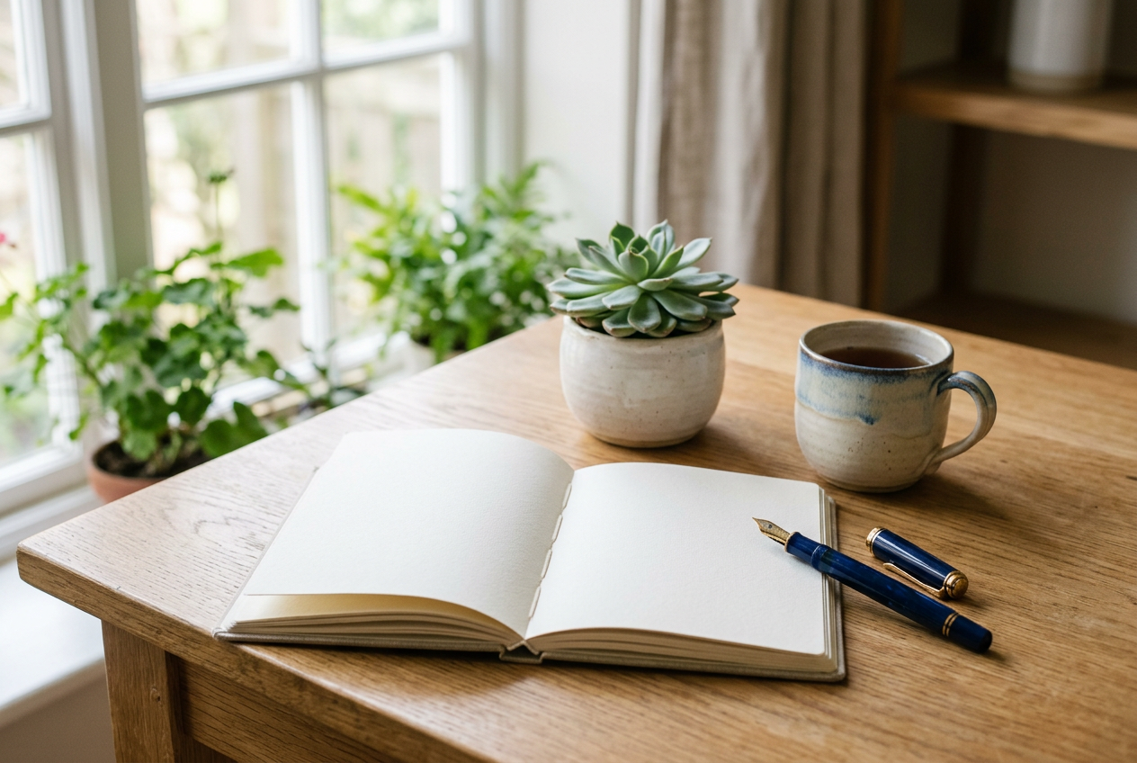An oak desk with an open notebook, a pen, a succulent and a mug in morning light