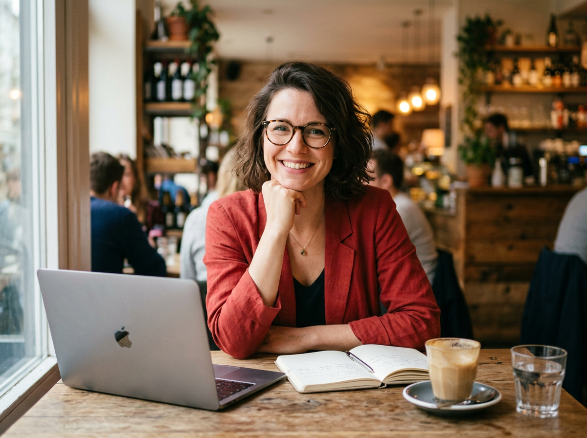 A smiling woman in a red blazer resting her chin on her hand at a cafe table